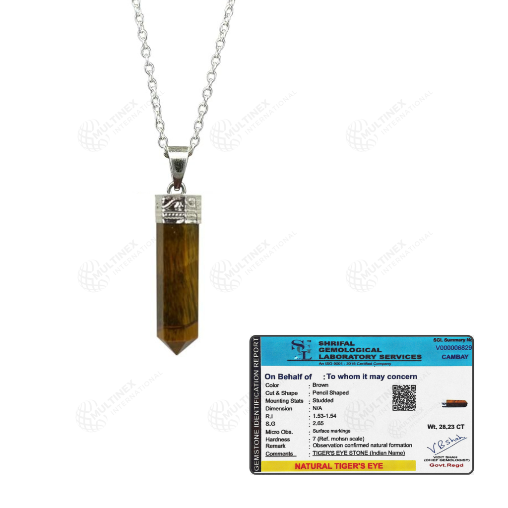 Natural Tiger Eye Crystal Gemstone Pencil Pendant Necklace