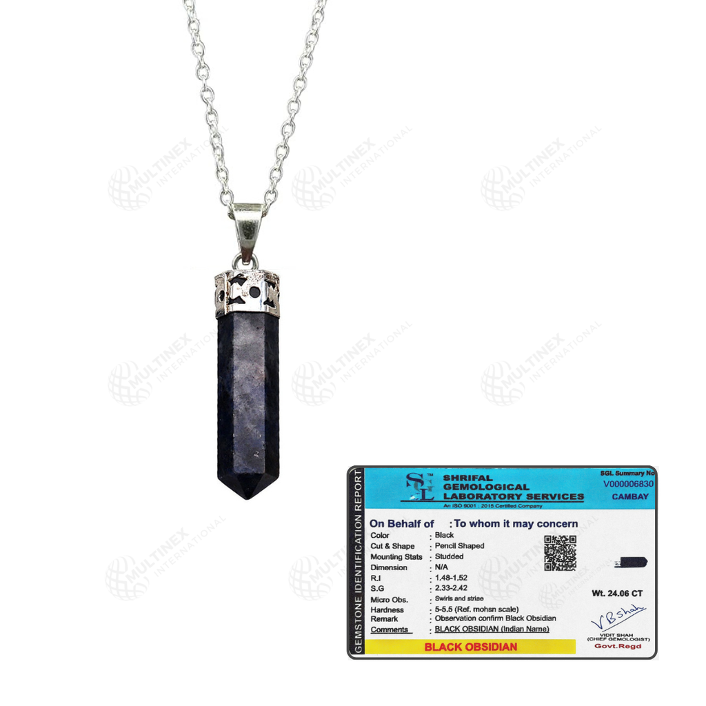 Natural Black Obsidian Crystal Gemstone Pencil Pendant Necklace